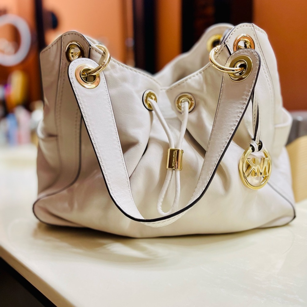 Michael Kors Cream Shoulder Bag with Gold Accents